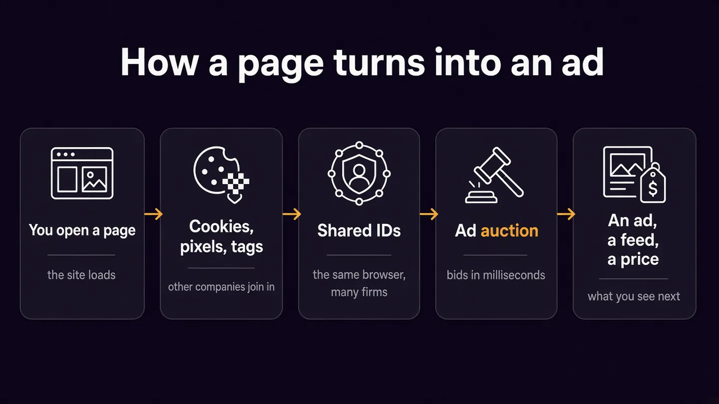 Diagram titled “How a page turns into an ad”: opening a page, cookies pixels and tags, shared IDs, an ad auction, then an ad, a feed or a price.